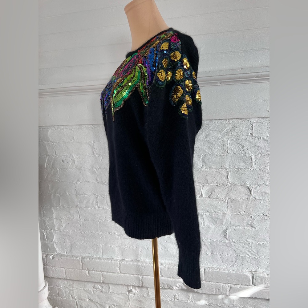 I.B. Diffusion Floral Sequined Silk Angora Sweater Black Fuzzy Vintage 90’s - Picture 3 of 15